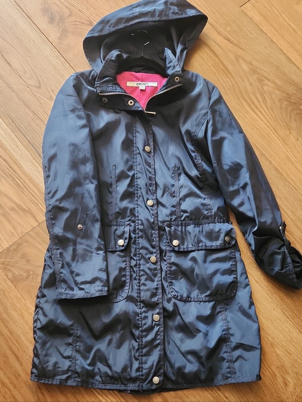 DKNY Navy Hooded Trench Coat with Pink Lining
